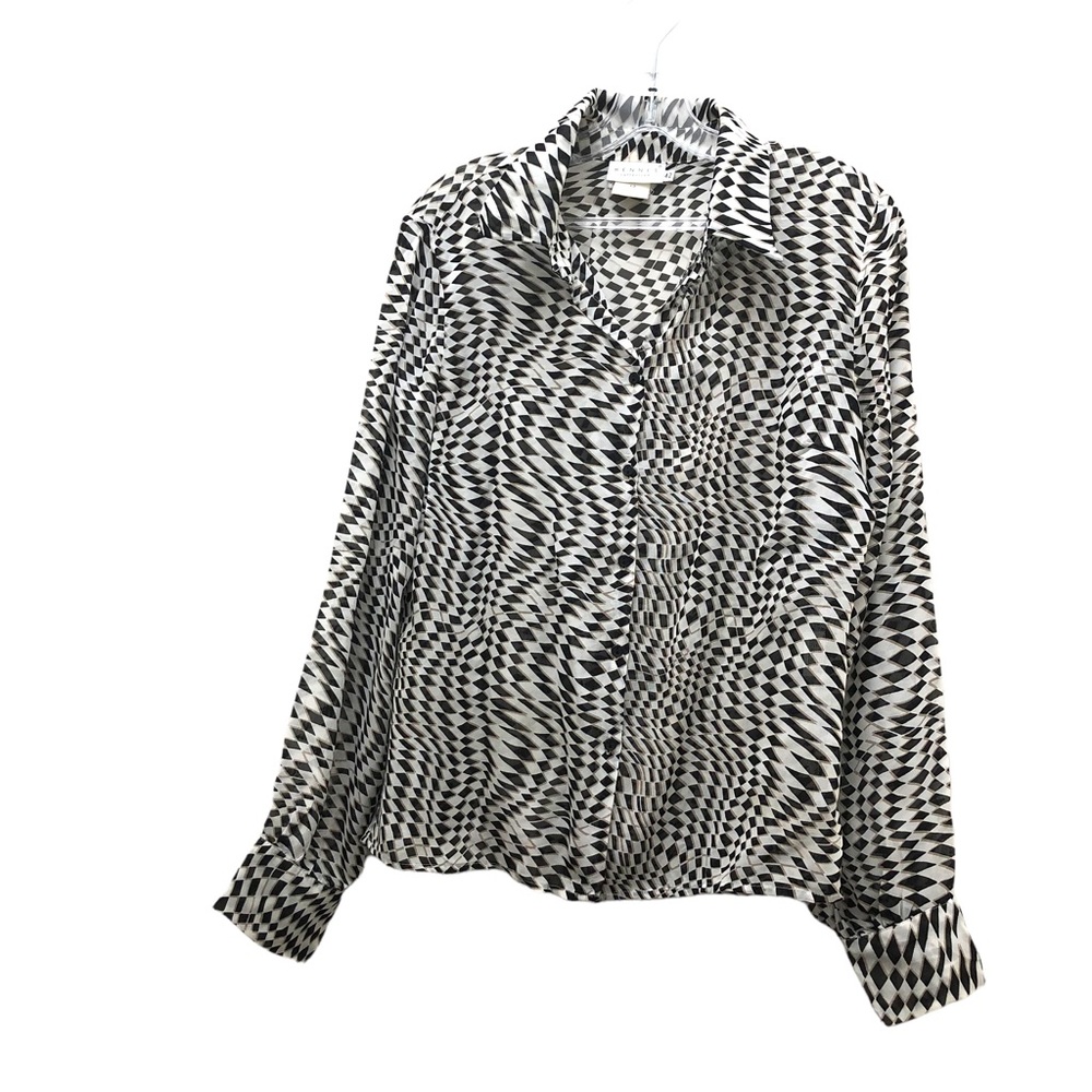 Hennes W Size 12 Black/White Long Sleeve Geometric Collared Button Down Shirt